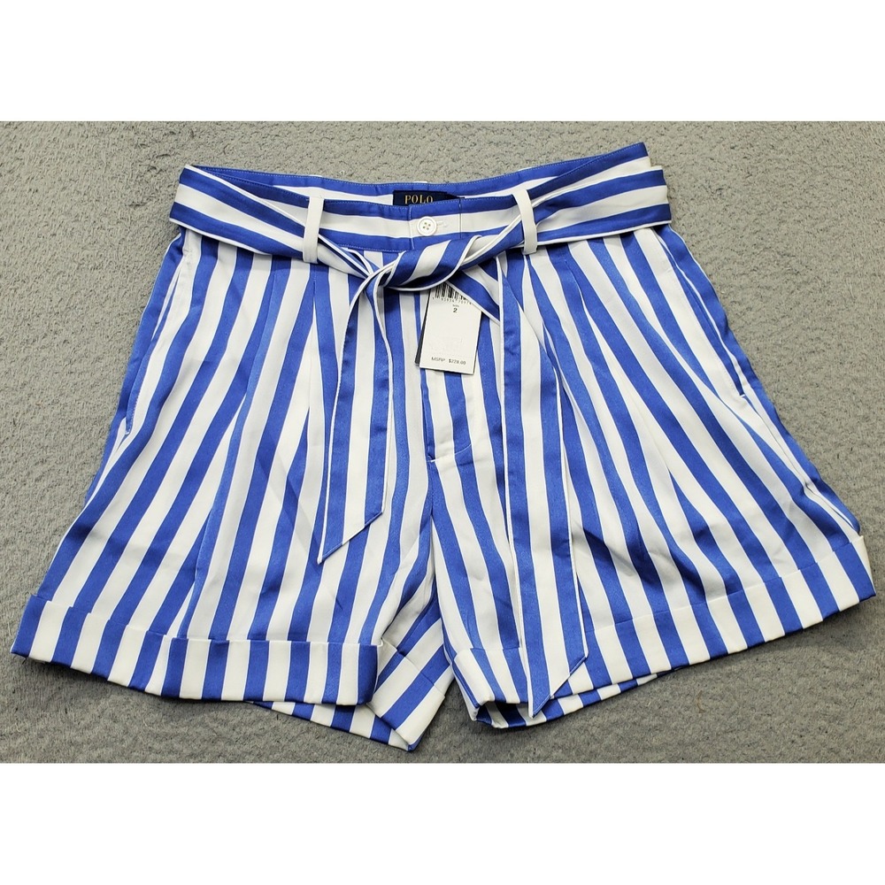 Polo Ralph Lauren Shorts Womens 2 Multi Striped High-Rise Tie Waist Cuffed Hem